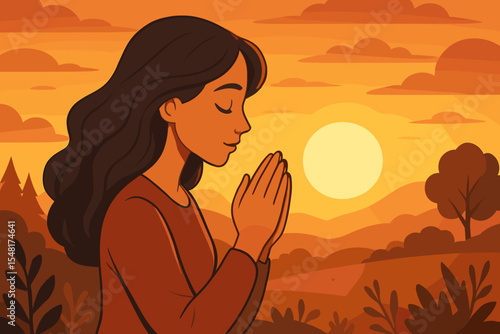 Cartoon vector of serene woman praying at sunset in nature, spiritual meditation with golden light, rolling hills, forest silhouettes, mindfulness, faith, peaceful worship scene