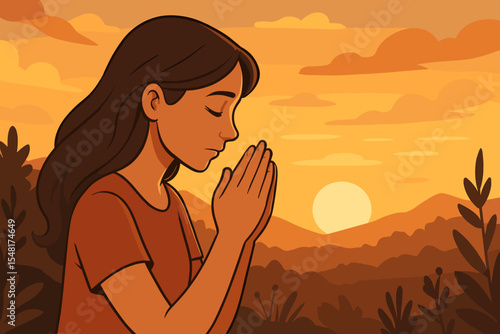 Serene woman praying with hands clasped in meditation at sunset in nature landscape. Spiritual devotion and faith expressed through tranquil hills, gratitude, worship, mindfulness and calm