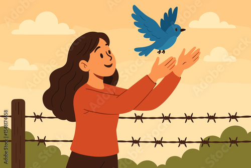 Freedom and liberation concept. Woman releasing a blue bird over a rusted barbed wire fence at sunset. Cartoon illustration of hope, peace, escape barrier, rural landscape, empowerment, flight.