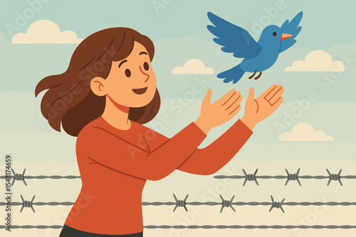 Woman releasing blue bird above barbed wire fence freedom and hope concept liberation metaphor escape barrier empowerment peace flight boundary vector cartoon illustration art