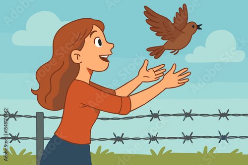 Cartoon flat design illustration of a smiling woman releasing a bird above a barbed wire fence, symbolizing freedom, hope, peace and liberation escape barrier concept vector graphic