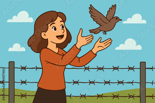 Cartoon illustration of a woman releasing a bird over a barbed wire fence in rural landscape, as freedom, liberation, hope, escape, peace, human rights, barrier crossing, border release vector