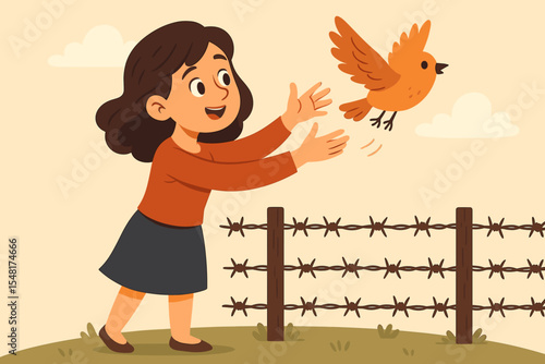 Young woman releasing bird above rusty barbed wire fence vector illustration. Concept of freedom liberation hope overcoming barriers peace release escape boundaries oppression wire silhouette