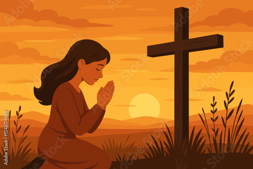 Woman kneeling in a field at sunset praying at a wooden cross. Spiritual devotion scene with silhouette of worship and faith in nature under a warm orange sky.