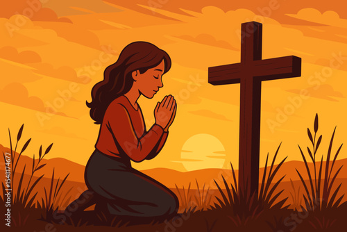Serene vector illustration of a woman kneeling in a grass field at sunset praying before a wooden cross. Christian faith devotion, worship silhouette against warm orange sky landscape at dusk
