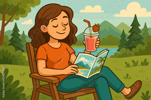 Woman relaxing outdoors in nature setting with travel magazine and fresh strawberry smoothie. Female leisure summer illustration by lake, mountains and pine forest. Vacation reading concept.