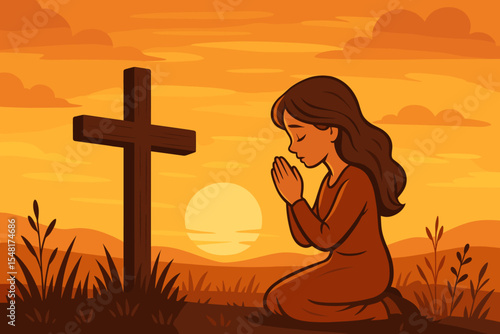 Young woman praying at wooden cross in sunset field silhouette. Christian prayer scene with peaceful rural landscape, dusk sky, spiritual devotion, faith worship vector illustration