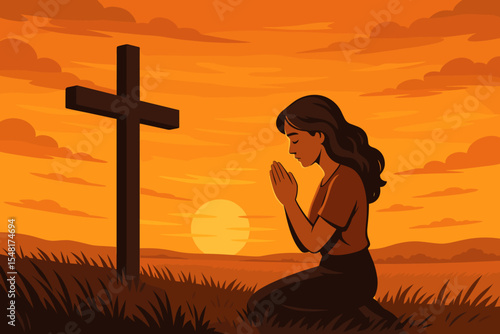Serene spiritual scene of a young woman kneeling and praying at a wooden cross in a golden sunset field. Christian faith worship silhouette vector illustration for devotion concept.