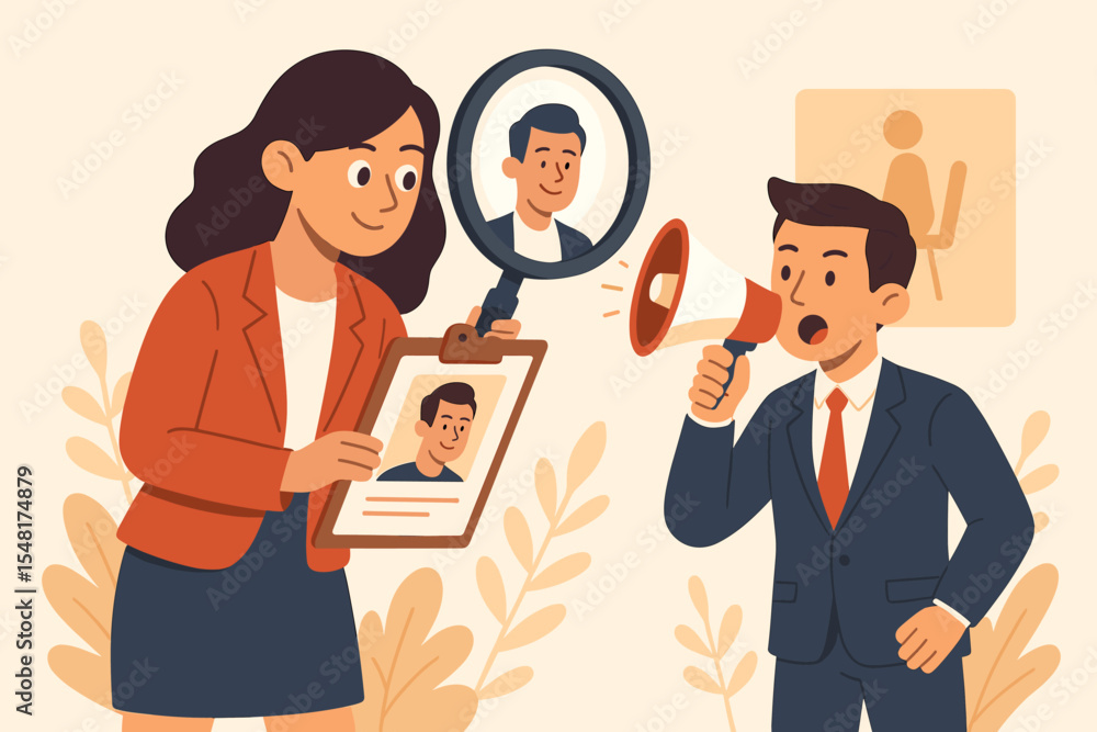 Woman with Magnifying Glass and Man with Loudspeaker, Concept of Job Interview, Headhunting, Hiring, Job Vacancy, Recruitment Process, Vector Cartoon Illustration Woman with Magnifying Glass and Man with Loudspeaker, Concept of Job Interview, Headhunting, Hiring, Job Vacancy, Recruitment Process, Vector Cartoon Illustration