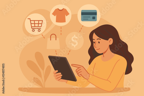 Woman shopping online with tablet, browsing digital store, making payments, technology concept, e-commerce, online business, shopping cart, credit card, digital wallet. Vector illustration.