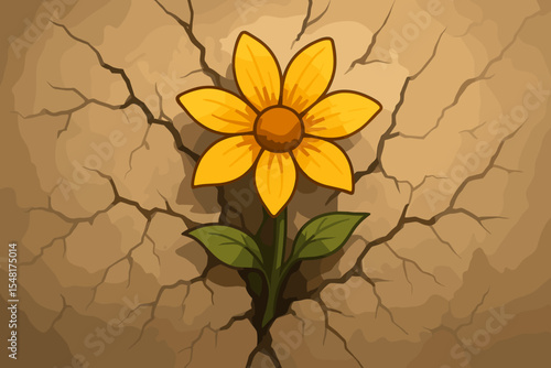 Yellow flower blooming through cracked grunge wall. Soft focus. Vector cartoon illustration symbolizing hope, resilience, and nature's power in harsh environments.