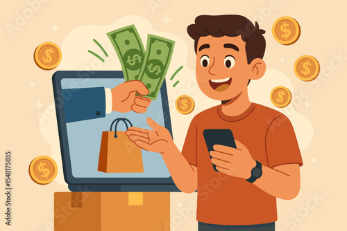 "Young man receiving cash back rewards for online shopping, illustrating e-commerce benefits, digital payments, and online purchase concept in a colorful vector cartoon illustration."