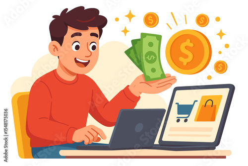 Young man receiving cashback rewards for online purchase, illustrating e-commerce benefits, online shopping rewards, vector cartoon illustration.