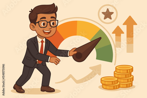 Young businessman improving personal credit score, symbolizing financial growth and reputation enhancement, vector cartoon illustration