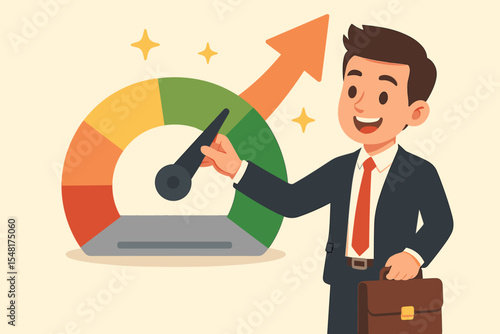Young businessman improving personal credit score, symbolizing financial growth and reputation enhancement. Vector cartoon illustration of a confident professional.