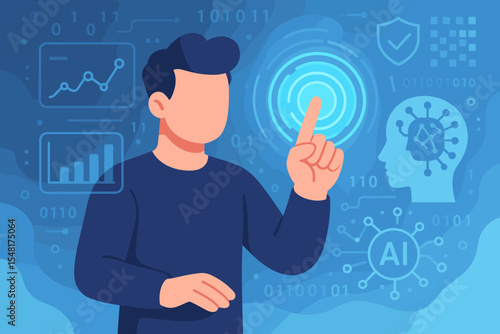 Man touching virtual screen with AI. Concept of artificial intelligence, machine learning, and big data analysis. Cybersecurity, biometric authentication with fingerprint scan. Vector.