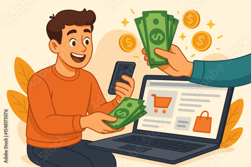 Young man receiving cashback rewards for online purchase, e-commerce benefits, smartphone, money, laptop, vector cartoon illustration