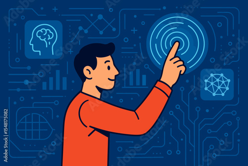 Human finger touching a futuristic screen with AI icons. Concept for machine learning, deep learning, and neural network. Man interacts with a digital interface. Innovation and technology vector.