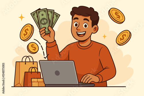 "Young Man Receiving Cashback Rewards for Online Shopping, E-commerce Benefits, Digital Payment, Online Retail, Illustration of E-commerce Success, Vector Cartoon Design"