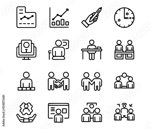 Teamwork Strategy Business Icon Set Line Art.