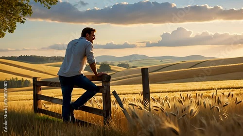Man Standing on Fence Watching Golden Wheat Fields During Sunset with Rolling Hills in the Countryside