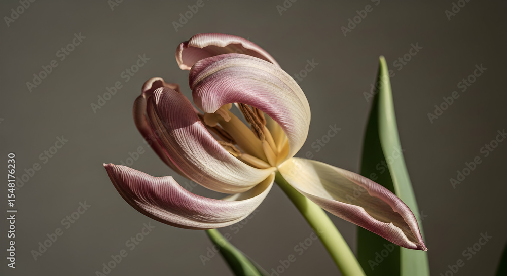 Fototapeta premium Purple And White Tulip Blooming In The Warm Light Of Late Spring