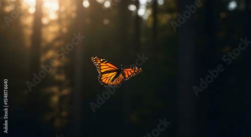 Monarch Butterfly Flying Through Golden Lit Forest Canopy With Dark Background