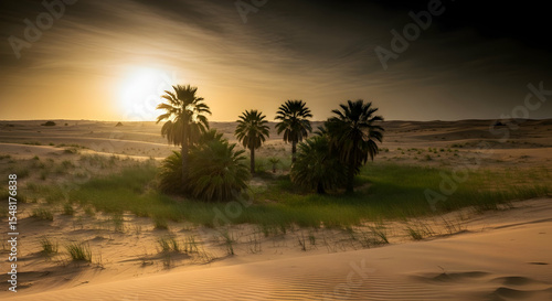 Golden Hour Illuminates Palm Trees In Remote Desert Oasis Landscape