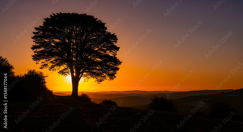 Fototapeta premium Solitary Tree Silhouette Against Vibrant Setting Sun Over Distant Rolling Hills