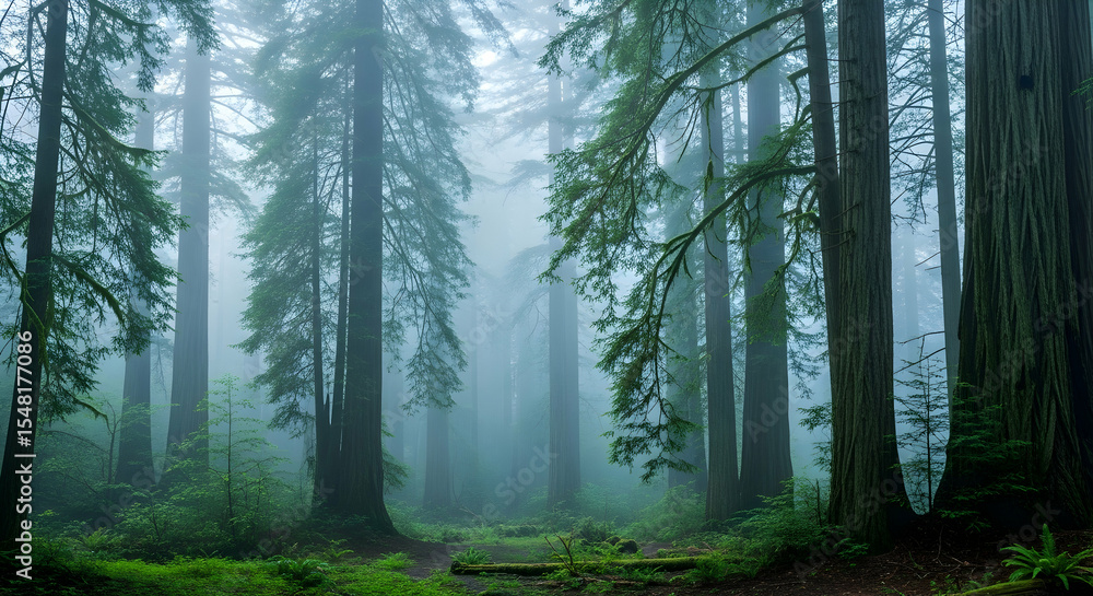 Naklejka premium Ethereal Forest Canopy In A Tranquil Atmosphere For Meditation Practices