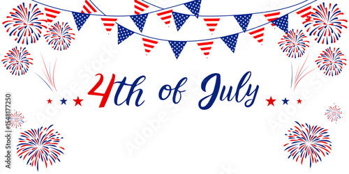 Happy 4th july Independence Day background . Red, blue fireworks for 4th of July . Fourth of July banner . United States of America celebration  border or greeting card. USA patriotic lettering .