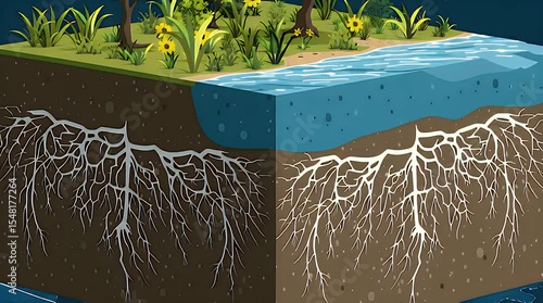 Growing roots absorb water near river in isometric cross section