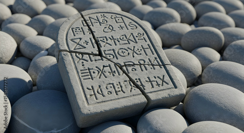 Ancient Tablet Fragment Resting Among Rounded Smooth Stones on a Beach