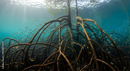 Underwater Kingdom: Mangrove Roots and Marine Life in Azure Waters