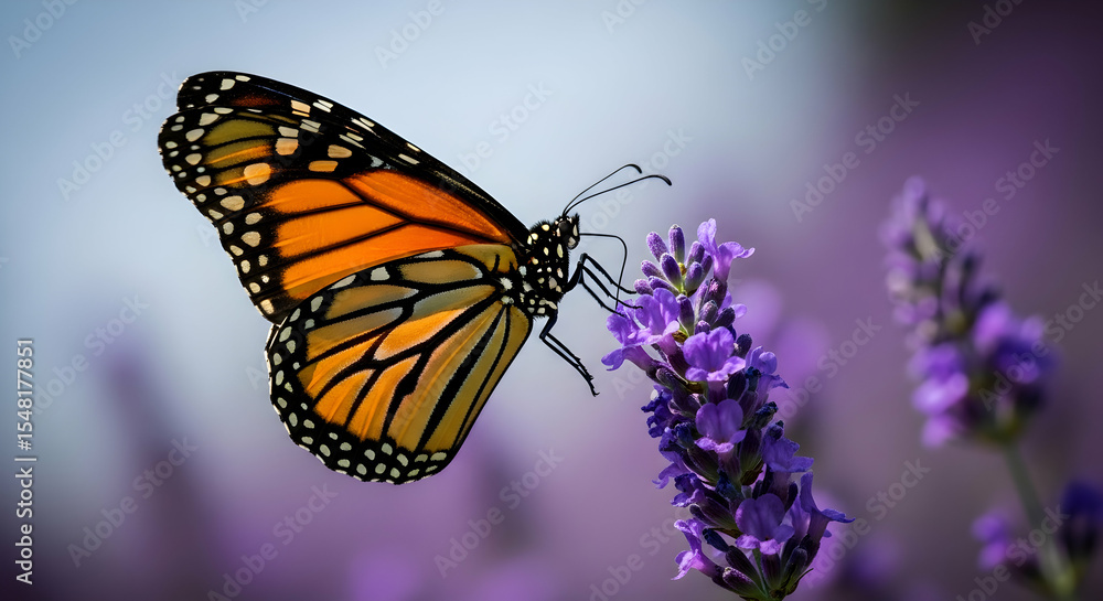 Obraz premium Monarch Butterfly Delightfully Sipping Nectar From Purple Blooming Lavender Flower