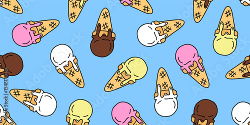 ice cream waffle cones seamless pattern print design hand drawn vector illustration