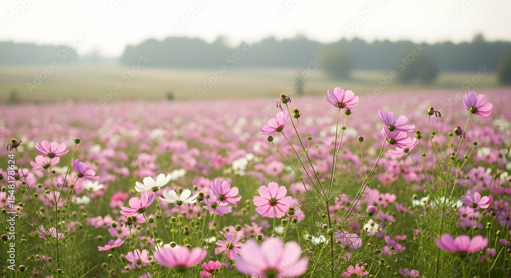 Fototapeta premium Blooming Cosmos Field Offers Pastel Scenery and Springtime Charm