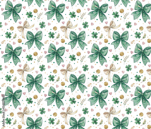 Watercolor st Patrick's day seamless pattern featuring bows shamrocks and gold coins