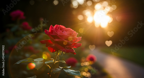 Radiant Rose Bloom Illuminated by Golden Sunlight in a Serene Garden