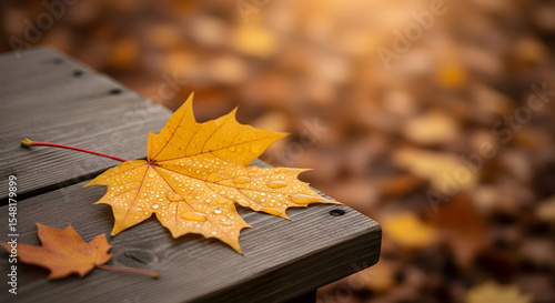 Autumnal Cascade Glimmering Maple Leaf Showcasing Seasonal Serenity on Wooden Park Bench