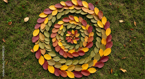 Autumnal Spiral: A Colorful Array Of Seasonal Foliage Arranged On Green Grass