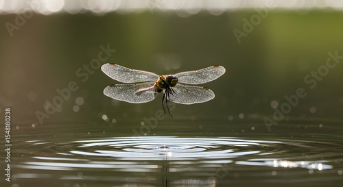 Dragonfly Hovering Above Water Surface Creating Circular Ripples