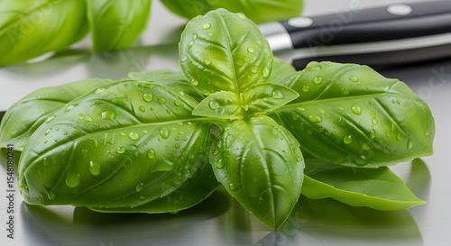 Fresh Basil Leaves With Water Droplets And Knife On Shiny Surface
