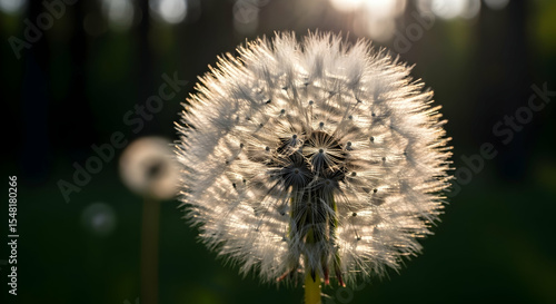 Dandelion Seed Head Illuminated By Sunlight In A Meadow Background