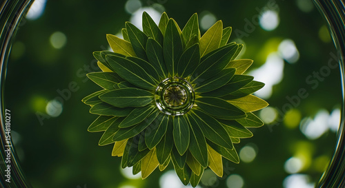 Artistic Botanical Composition Showcasing Lush Green Leaves and Natural Water Drop