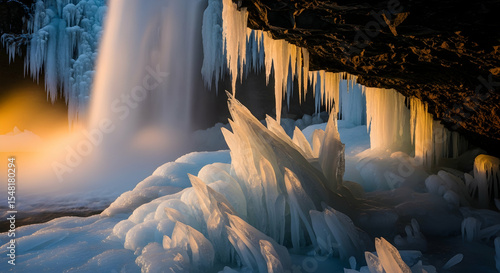 Icy Waterfall With Frozen Formations During Winter Time In Cold Region