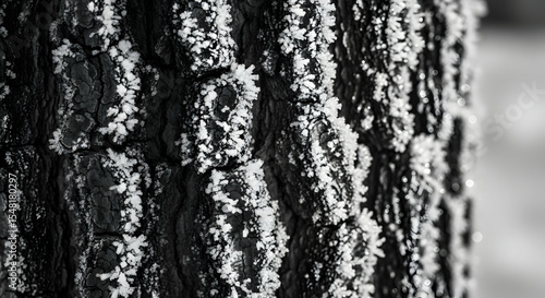 Intricate Ice Crystals Adorning the Rough Texture of a Tree Trunk