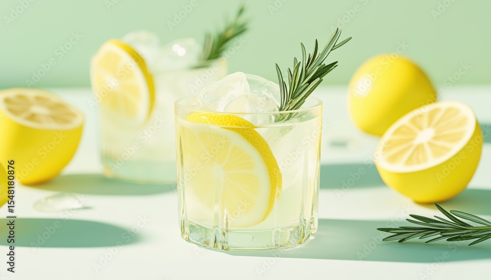 Fototapeta premium Icy Lemonade Cooler: A Summer Drink With Ice, Rosemary, Lemon Slices On A Light Green Background. Fresh And Healthy Lemon Water.