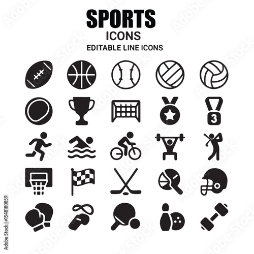  Sports icon  set. Containing football, basketball, baseball, volleyball, swimming, trophy, competition, medal, gym, tennis, running and more. Editable line icons. 