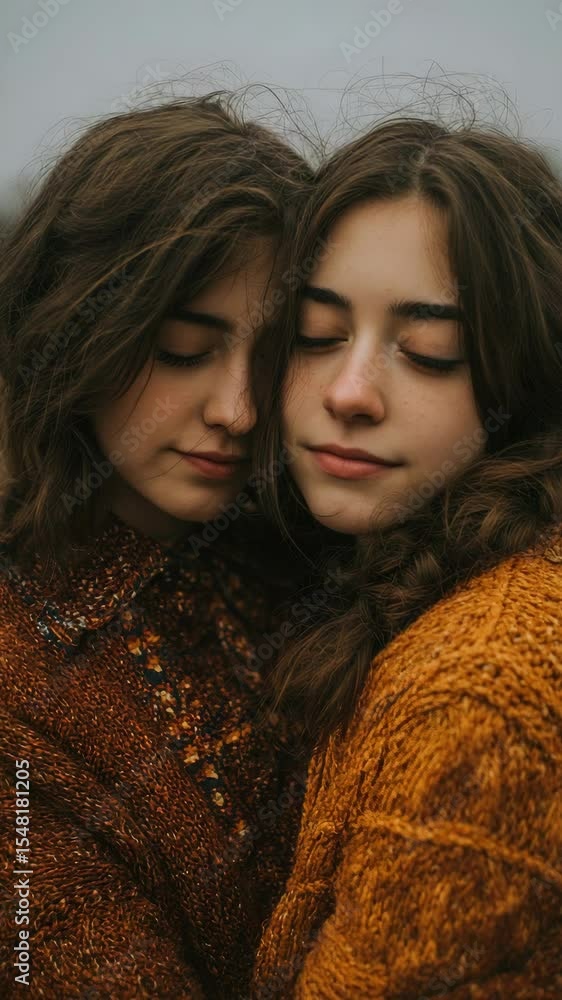 Two women embrace, creating a tender and intimate moment in a fall ...